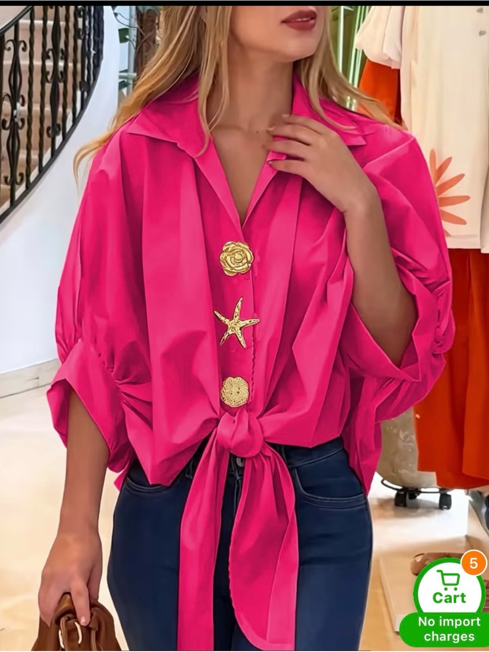 Bright Pink Tie-Front Blouse with Decorative Gold Buttons